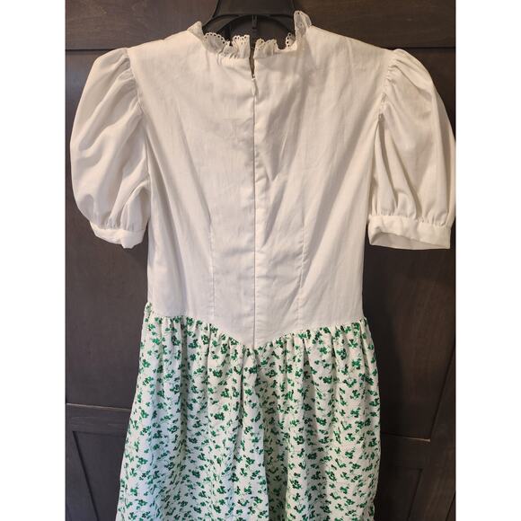 Vintage Green St. Patrick's Day Irish Shamrock Girl's Prairie Dress Puff Sleeves - Picture 11 of 15